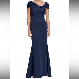 Elizajdresses Dark Navy Dress Mermaid Draped Long Dress Off Shoulder back Zipper